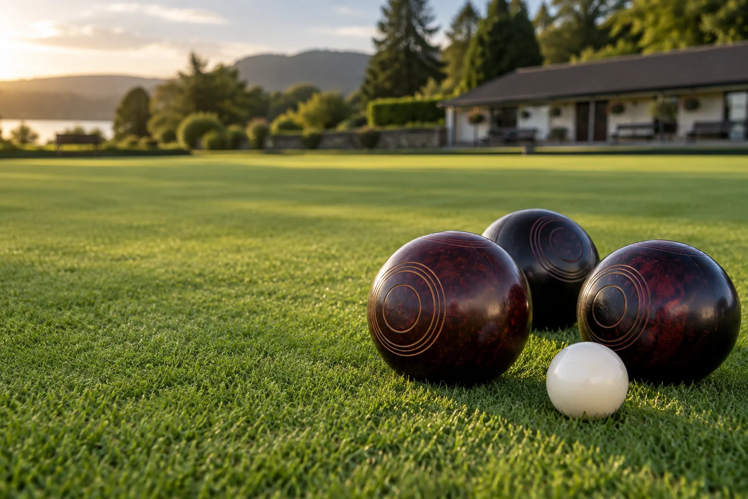 Lawn bowls and a jack on a green beside a clubhouse